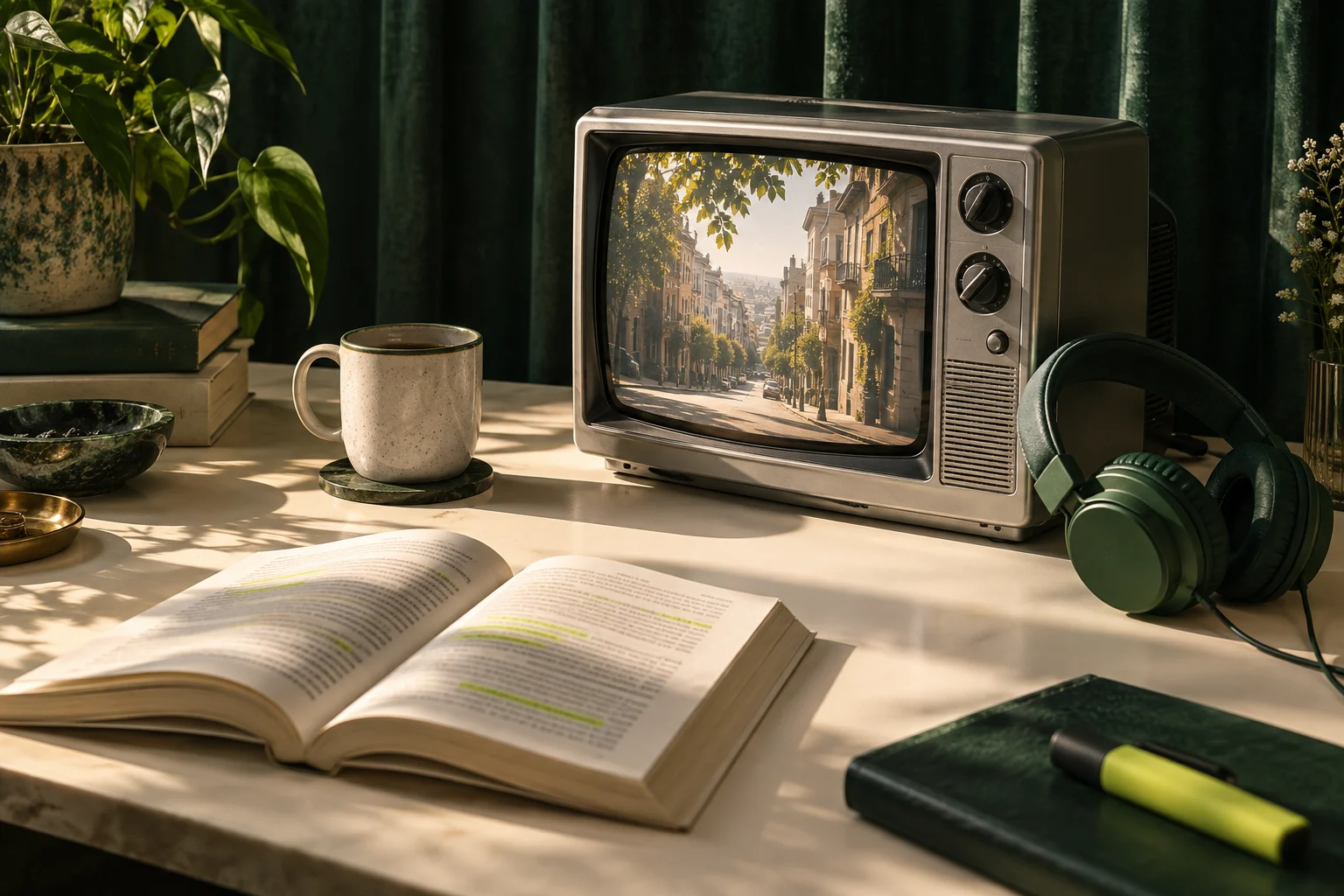 A vintage television, headphones and an open book in the sunlight
